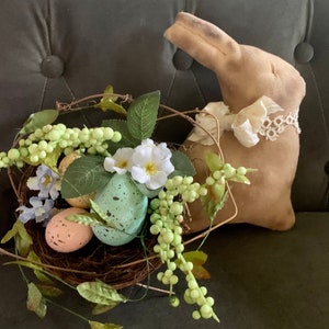 Ivory White Bow Primitive Coffee Dyed Bunny Easter Spring Home Decor Hand made Lace Collar OOAK Gift for her