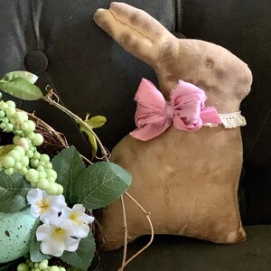 Pink Bow Primitive Coffee Dyed Bunny Easter Spring Home Decor Handmade Tatted Lace Collar OOAK Gift for her