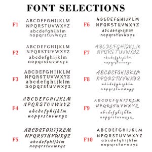 May include: A black and white chart titled FONT SELECTIONS displaying ten distinct alphabet styles labeled F1 through F10. Each entry includes uppercase and lowercase letters from A to Z, showcasing a variety of serif, sans-serif, and script typefaces for comparison and selection.