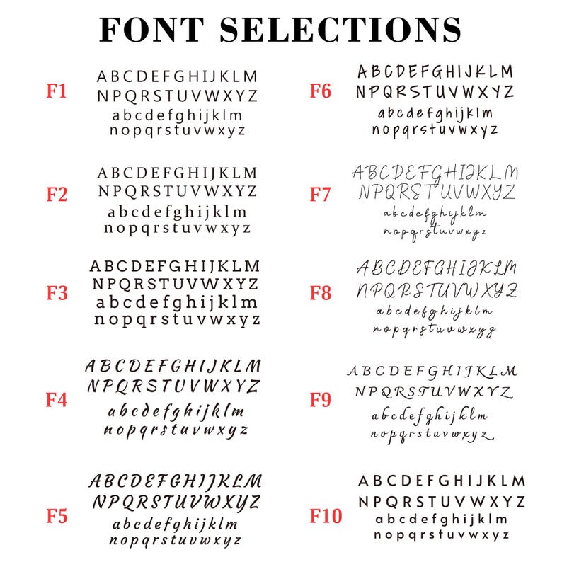May include: A black and white chart titled FONT SELECTIONS displaying ten distinct alphabet styles labeled F1 through F10. Each entry includes uppercase and lowercase letters from A to Z, showcasing a variety of serif, sans-serif, and script typefaces for comparison and selection.