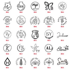 May include: A collection of twenty-five black and white circular and linear logo designs for pottery branding, labeled H01 through H25. Each design features unique combinations of initials, botanical illustrations, and text like Pottery by.