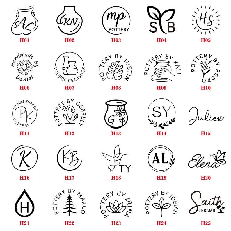 May include: A collection of twenty-five black and white circular and linear logo designs for pottery branding, labeled H01 through H25. Each design features unique combinations of initials, botanical illustrations, and text like Pottery by.