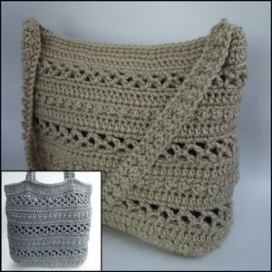 May include: Two crocheted bags, one in beige and one in gray. Both bags have a similar design with a crocheted strap and a lacy pattern.