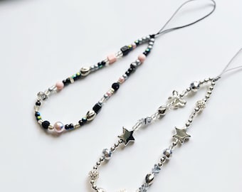 Star Beaded Phone Charm, Silver Black Minimalist Phone Wrist Strap