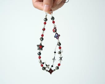 Red Black Star Beaded Phone Charm Strap, Handmade Y2K Phone Accessories