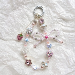 Kawaii Beaded Phone Charm, Pastel Pearl Phone Strap with Bow and Strawberry, Cute Phone Accessory Gift for Her