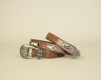 Brown Vintage Studded Leather Belt, Boho Waist Belt with Silver Buckle, Cowboy Style