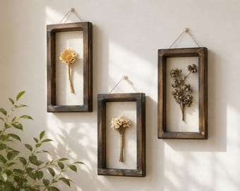 Vintage Holzrahmen, getrocknete Blumen Wandbehang, botanische Wanddekoration, rustikale Pflanzenschattenbox