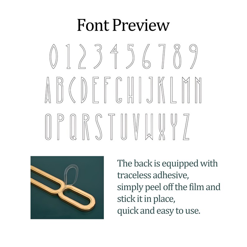 K&ouml;nnte beinhalten: Schriftartvorschau mit Zahlen und Buchstaben in einer d&uuml;nnen, umrissenen Schriftart. Der Text "Font Preview" steht oben. Ein goldfarbenes Objekt mit Klebstoff wird gezeigt, mit Text, der seine einfache Anwendung erkl&auml;rt.