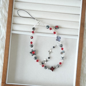 Red Black Phone Charm, Star Beads Phone Strap, Handmade Phone Chain, Kawaii Aesthetic Accessory, Y2K Style Phone Lanyard