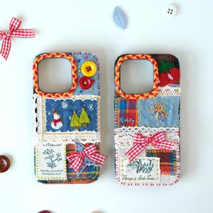 Embroidered Patchwork Phone Case: Festive Holiday Fabric Cover, Hand Sewn Patchwork iPhone Cases