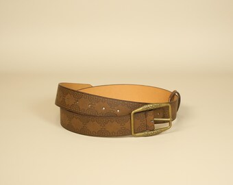 Vintage Wide Leather Belt, Embossed Waist Belt, Antique Brass Buckle, Brown White