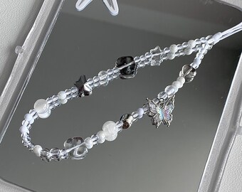 Silber Schmetterling Handgemachte Telefon Charme, Transparent Perlen Handy Armband, Minimalist Dekor