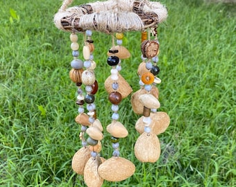 Handmade Fruit Seed Shell Wind Chime, Indonesian Pangji Nut Chime, Rustic Decor Relaxing Sound