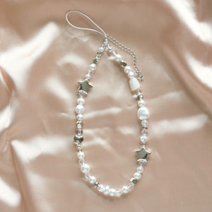 White Silver Minimalist Phone Strap, Beaded Pearl Phone Charm Strap, Cute Aesthetic Phone Chain Accessory