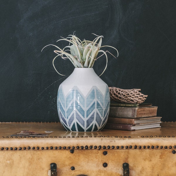 Large Herringbone in Blues OOAK Vase