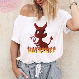 May include: White t-shirt with a red cartoon devil holding a pitchfork and standing in flames. The text "HOT STUFF" is printed below the devil.