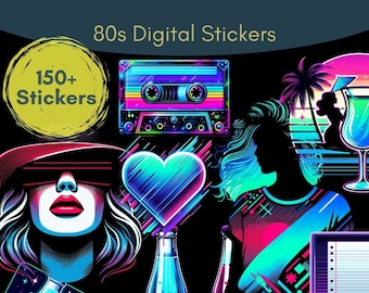 May include: A set of 150+ digital stickers with a retro 80s theme. The stickers feature a cassette tape, a heart, a soda bottle, a person with a heart-shaped head, and a palm tree. The stickers are designed for use in Goodnotes.