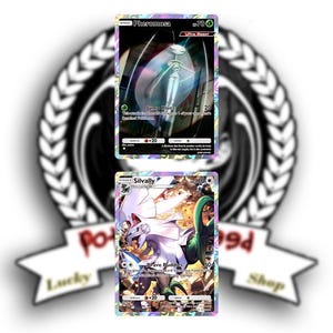 May include: Six Pokémon trading cards with colorful illustrations. The cards feature various Pokémon characters and include text detailing their abilities and stats. The cards are surrounded by a decorative logo with the text "Lucky Shop".