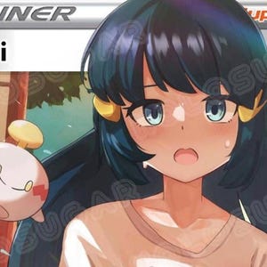 May include: An anime-style illustration of a young woman with dark blue hair and blue eyes. The image is a trading card with the name "Akari" at the top left. A small, white creature with red accents is also present.