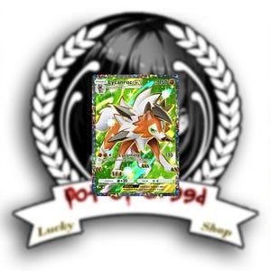 May include: Five colorful Pokémon trading cards are displayed, featuring various characters with dynamic poses and vibrant backgrounds. The cards are framed by a black and white logo with text that reads "POKEMON99d Lucky Shop".