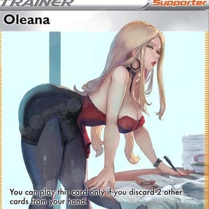 Pode incluir: Um cartão colecionável com a personagem Oleana. O cartão tem um fundo claro com a palavra "Trainer" no canto superior esquerdo e "Supporter" no canto superior direito. O texto do cartão diz: "Você pode jogar este cartão somente se descartar 2 outros cartões da sua mão."