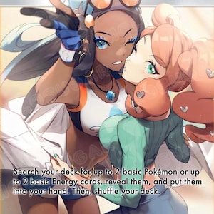 Può includere: Una carta collezionabile di Pokémon con Sonia & Nessa. La carta mostra due donne animate in un design colorato. Il testo sulla carta recita: "Cerca nel tuo mazzo fino a 2 Pokémon base o fino a 2 carte Energia base, rivelale e mettile nella tua mano. Poi, mischia il tuo mazzo."