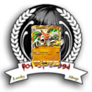 May include: A collection of six Pokémon trading cards. The cards feature various Pokémon characters, including Buzzwole, Guzzlord, Tapu Koko, Lycanroc, and Alolan Dugtrio. The cards are displayed around a logo that says "Potd Shop".