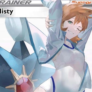 Könnte beinhalten: Digitale Illustration von Misty aus Pokémon. Sie hat orangefarbenes Haar und grüne Augen und trägt ein weißes und blaues Outfit. Das Bild enthält das Wort "Trainer" oben links. Die Figur lächelt und zwinkert.