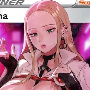 Pode incluir: Ilustração de uma mulher com cabelo loiro comprido, vestindo um casaco branco com gola preta e um top preto. Ela está segurando um cigarro aceso e um pequeno objeto vermelho. A imagem tem um fundo rosa e roxo, com o texto "Trainer" e "Supporter".