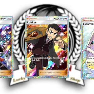 May include: Three Pokemon Trainer cards featuring Gladion, Looker, and Lusamine. Each card has a unique character illustration with text. The cards are set against a background with a circular emblem and the text "Lucky Shop".