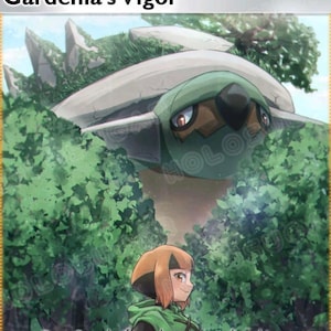 May include: A trading card featuring a green and gray creature with a shell, surrounded by lush green foliage. The card is titled "Gardenia's Vigor" and includes text describing card actions. A character with brown hair and a green hooded cloak is also depicted.