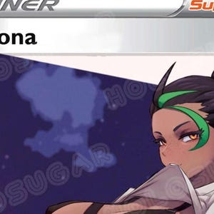 May include: A Pokémon trading card featuring Nemona. The card has a dark blue background with a moon and stars. Nemona is shown with dark hair, green highlights, and a white shirt.
