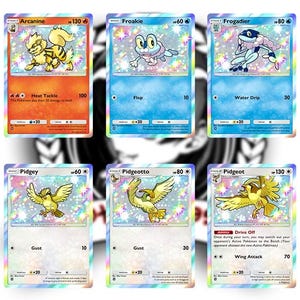 May include: Ten holographic Pokémon trading cards featuring various characters like Growlithe, Arcanine, and Greninja. Each card has a unique design with character illustrations, names, and attack details. The cards are set against a background with a black and white design.