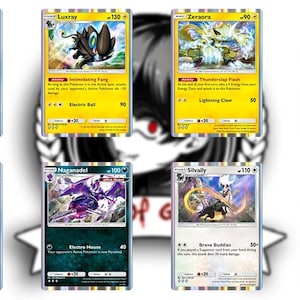 May include: Eight Pokémon trading cards are displayed, each with a unique design and color scheme. The cards feature various Pokémon characters, including Decidueye, Luxray, Zeraora, and others. The cards have text and numbers.
