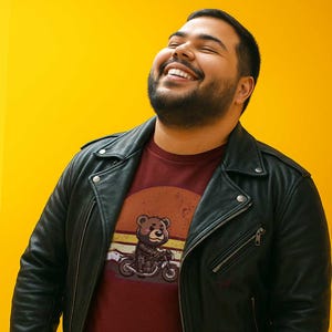 Leather Biker Bear T-Shirt: Retro Sunset Pride Tee