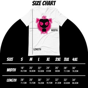 May include: Size chart for a t-shirt with a pink and black graphic of a pig wearing a gas mask. The chart shows sizes from S to 4XL with corresponding width and length measurements in inches and centimeters.