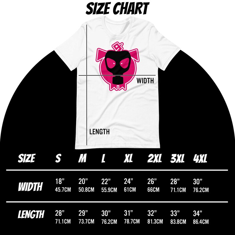 May include: Size chart for a t-shirt with a pink and black graphic of a pig wearing a gas mask. The chart shows sizes from S to 4XL with corresponding width and length measurements in inches and centimeters.