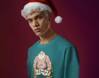 Kinky Santa Tattooed Langarm Weihnachts-T-Shirt - Freches Feiertags-Sweatshirt