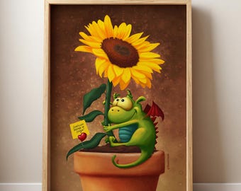 Whimsical Dragon and Sunflower Illustration Print – Storybook Art for Nurseries, Bedrooms