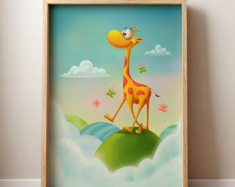 Whimsical Giraffe Clouds Art Print: Nursery Wall Decor (Unframed)