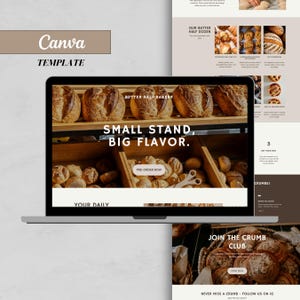 May include: A laptop screen displays a bakery website template. The website features images of various breads, with text that reads "Butter Half Bakery" and "Small Stand, Big Flavor." The design includes a "Pre-Order Now" button.