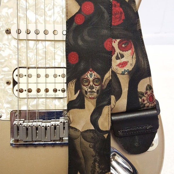 Gothic Las Elegantes Day of the Dead girls and roses guitar strap