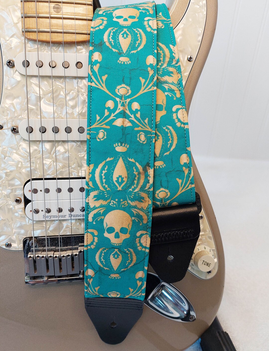Skull Teal Faux Antiqued Guitar Strap Etsy