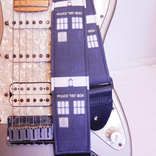 Doctor Who Tardis gray on white police box guitar strap (last one)