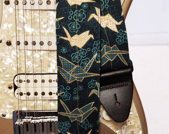 turquoise and gold paper crane guitar strap