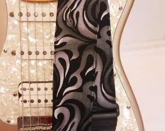 black and gray flames guitar strap