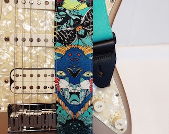 Teal surreal xanadu tiger moth rooster guitar strap