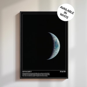 NASA Apollo 11 Moon Landing Art Print - Earth Crescent Illustration, Space Wall Decor, Vintage NASA Poster Gift - Print A1 A2 A3 A4 A5