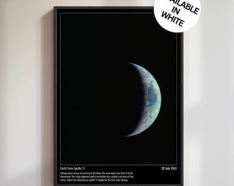 NASA Apollo 11 Moon Landing Art Print - Earth Crescent Illustration, Space Wall Decor, Vintage NASA Poster Gift - Print A1 A2 A3 A4 A5